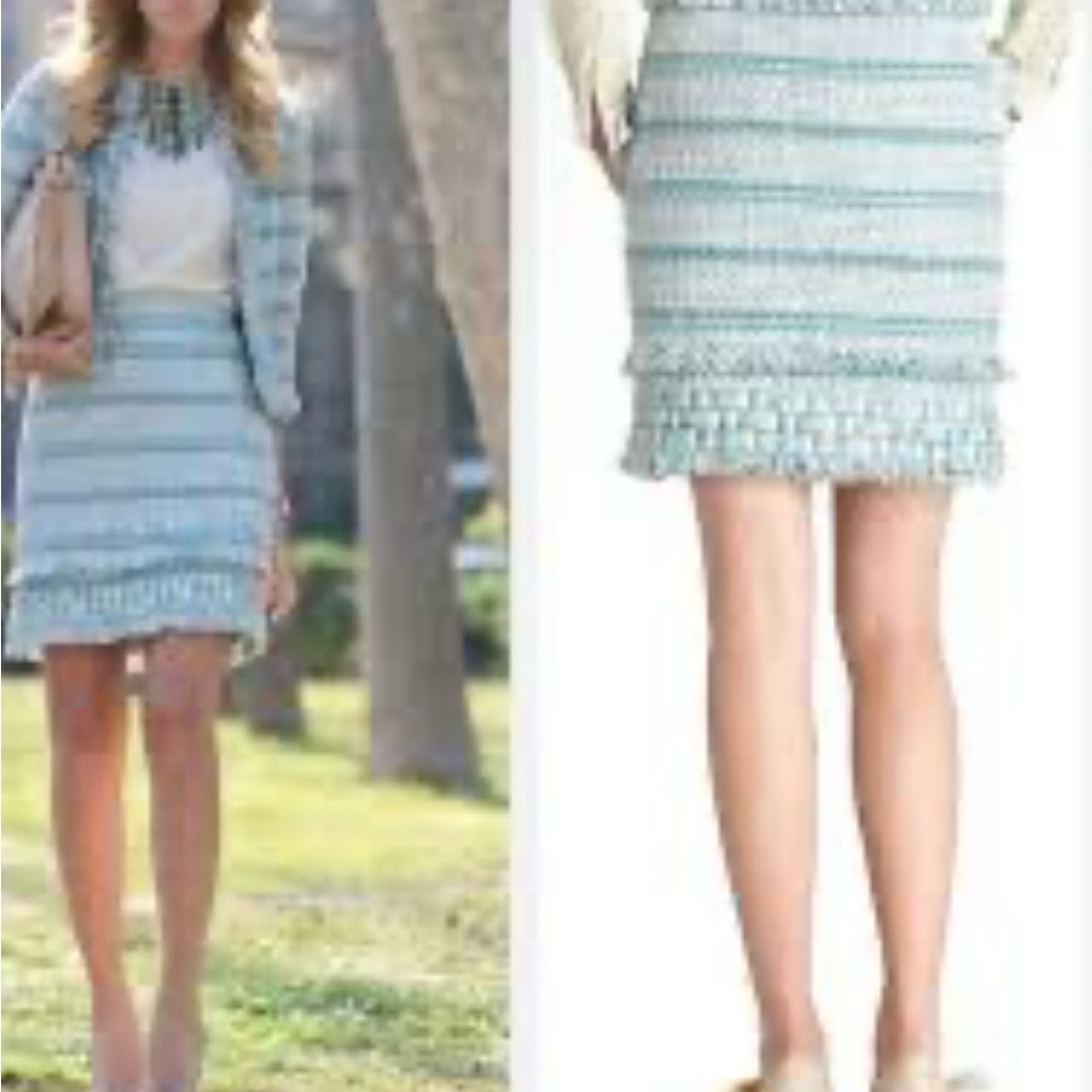 Chic 375 TORY BURCH Nora Tweed Pencil Skirt. - Green and White - Picture 3 of 12